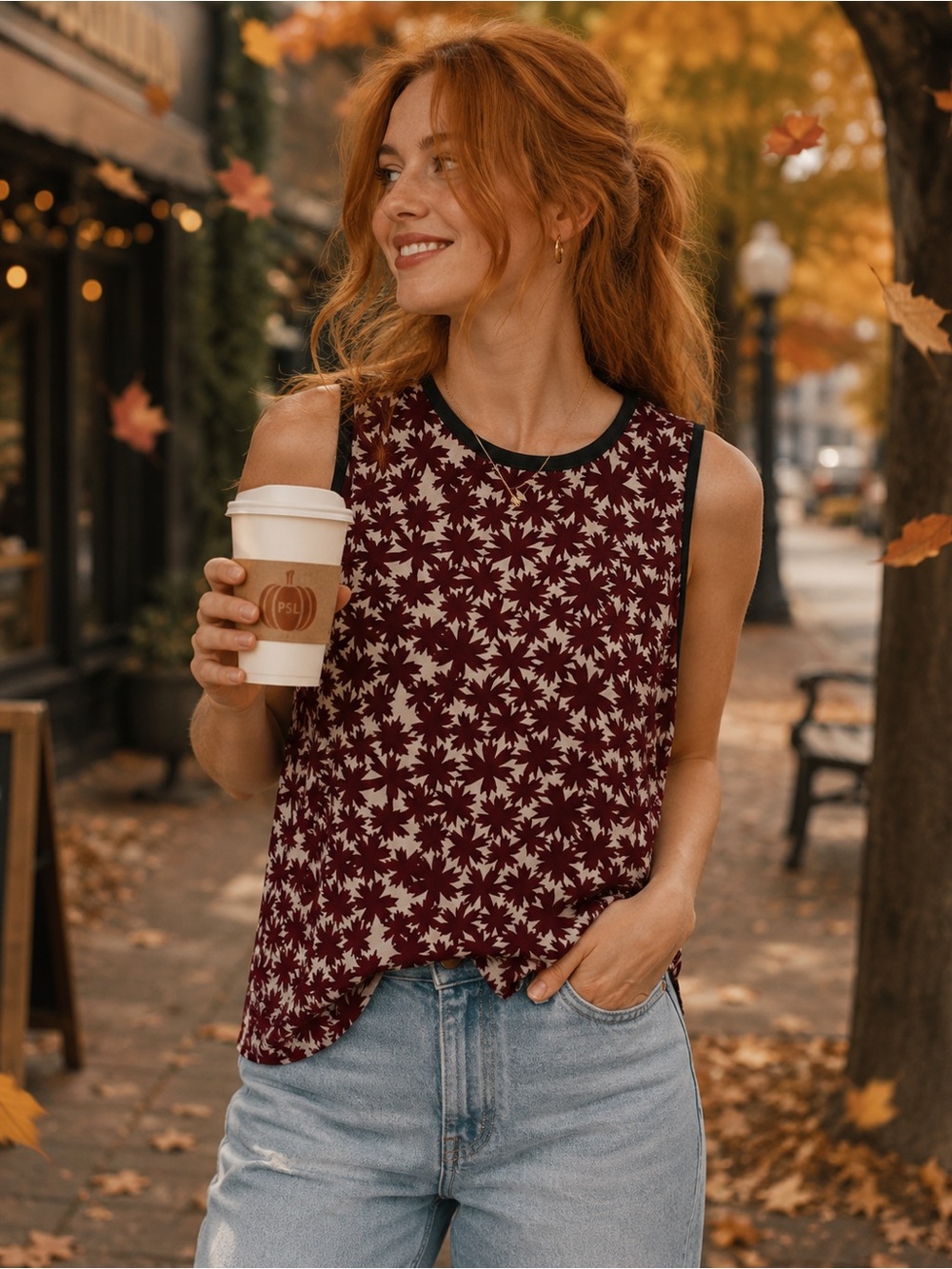 Madewell Burgundy and Cream Canal Maple Leaf Autumn Silk‎ Sleeveless Top